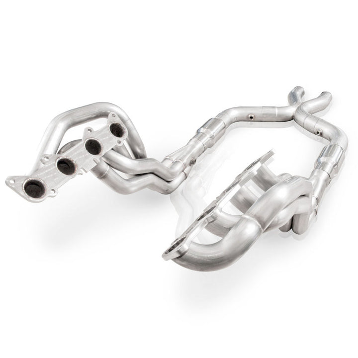 Stainless Power 2011-14 Mustang GT Headers 1-7/8in Primaries High-Flow Cats 3in X-Pipe - Bull Strap