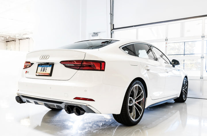 AWE Tuning Audi B9 S4 Track Edition Exhaust - Non-Resonated (Black 102mm Tips) - Bull Strap