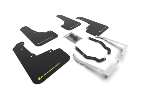 Rally Armor 18-23 Subaru Crosstrek Black UR Mud Flap w/Yellow Pearl Logo - Bull Strap