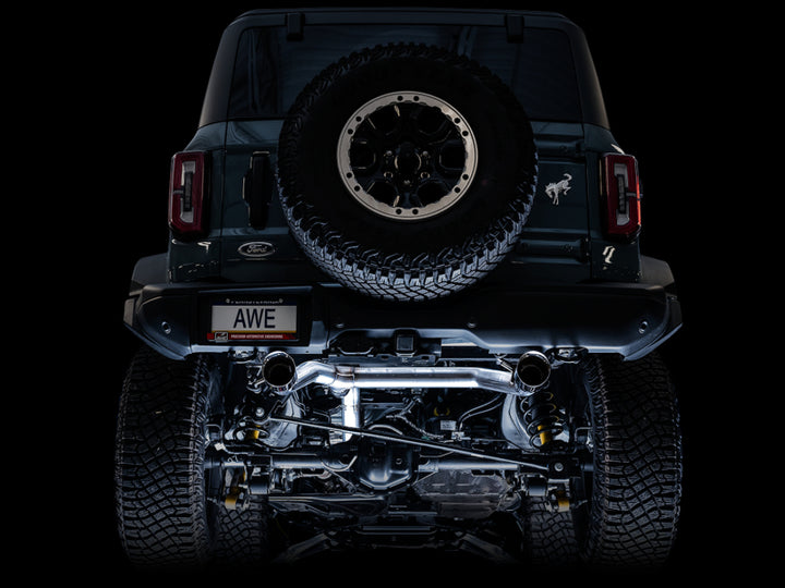 AWE Tuning 2021+ Ford Bronco 0FG Dual Rear Exit Exhaust w/Diamond Black Tips & Bash Guard - Bull Strap
