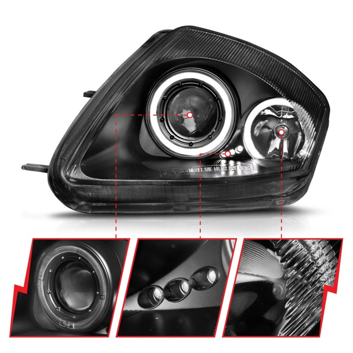 ANZO 2000-2005 Mitsubishi Eclipse Projector Headlights w/ Halo Black - Bull Strap
