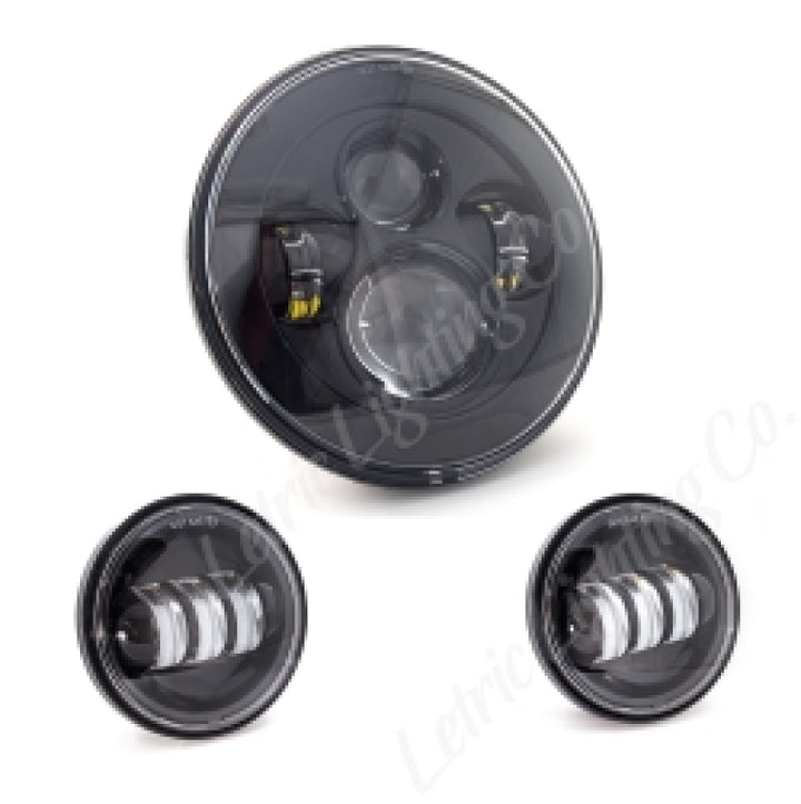 Letric Lighting 7? LED Black Premium Headlight with (2) 4.5? Black Passing Lamps - Bull Strap