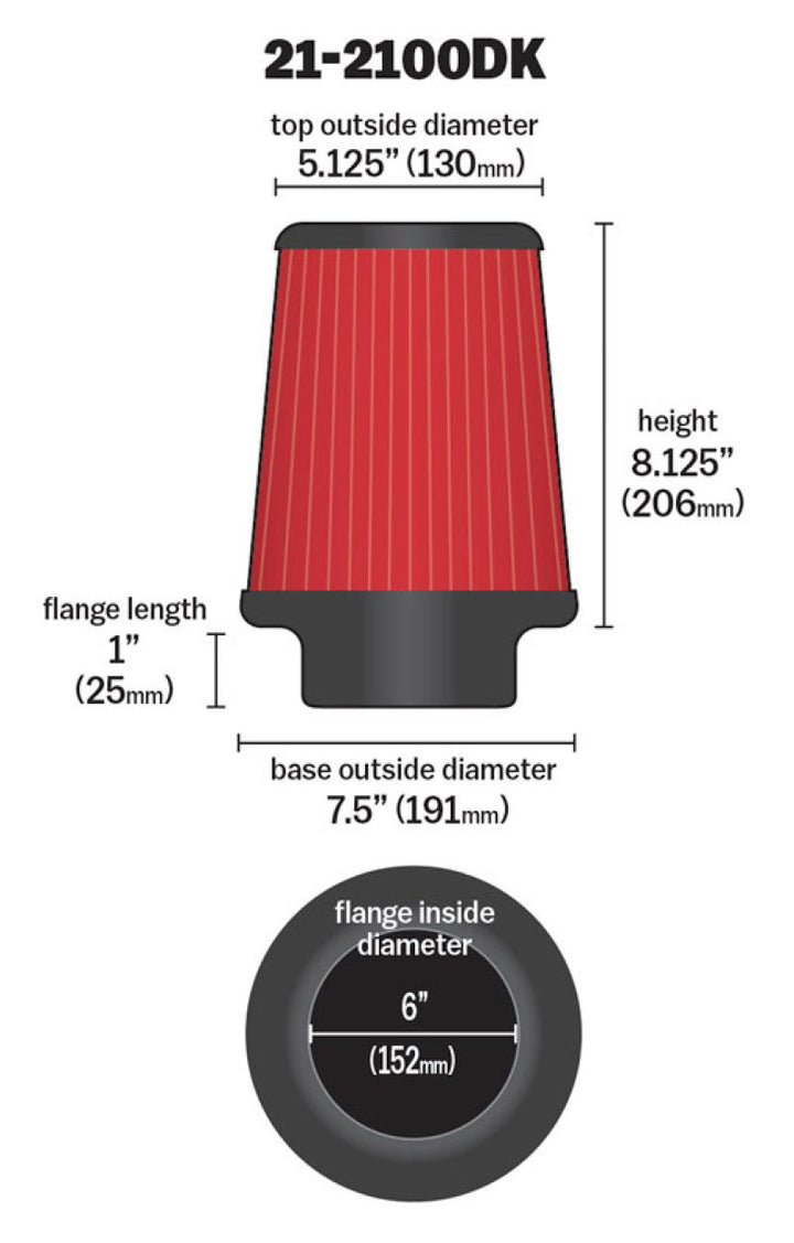 AEM 6 in DRY Flow Short Neck 9 in Element Filter - Bull Strap