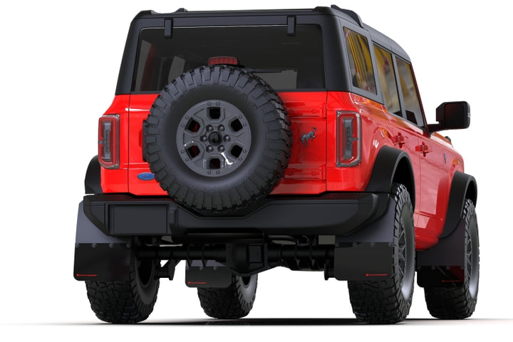 Rally Armor 21-25 Ford Bronco (Plstc Bmpr + RB - NO Rptr/Sprt) Blk Mud Flap w/Red Logo - Bull Strap