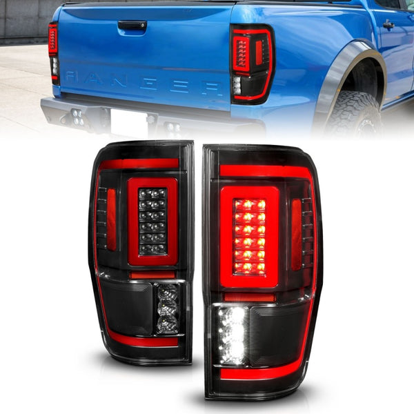 ANZO 19-22 Ford Ranger Full LED Taillights w/ Lightbar Sequential Signal Black Housing/Clear Lens - Bull Strap