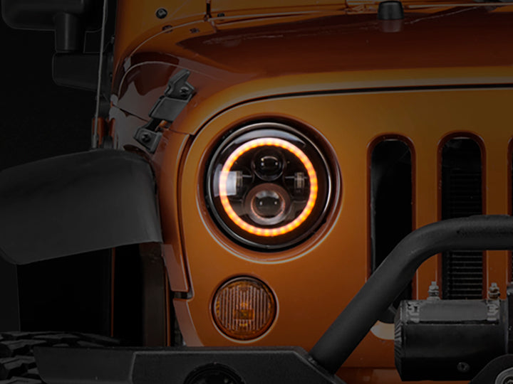 Raxiom 97-18 Jeep Wrangler TJ/JK Axial Halo Headlights w/ DRL Amber Signals- Blk Hsng (Clear Lens) - Bull Strap