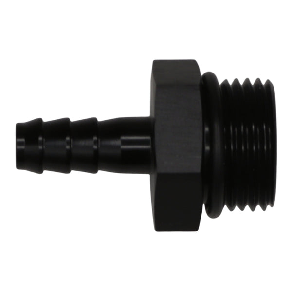 DeatschWerks 10AN ORB Male to 5/16in Male Triple Barb Fitting (Incl O-Ring) - Anodized Matte Black - Bull Strap