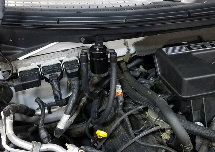 J&L 11-14 Ford F-150/Ford F-150 Raptor 6.2L Passenger Side Oil Separator 3.0 - Black Anodized - Bull Strap