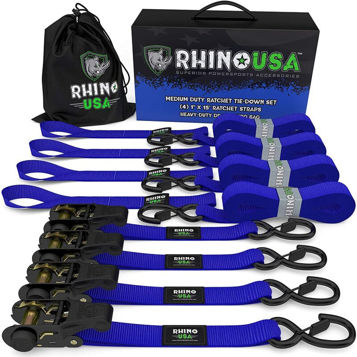 Rhino USA Medium Duty Ratchet Strap Tie-Down 4-Pack (Blue) - Bull Strap