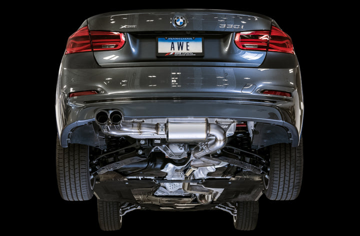 AWE Tuning BMW F3X 28i / 30i Touring Edition Axle-Back Exhaust Single Side - 80mm Silver Tips - Bull Strap