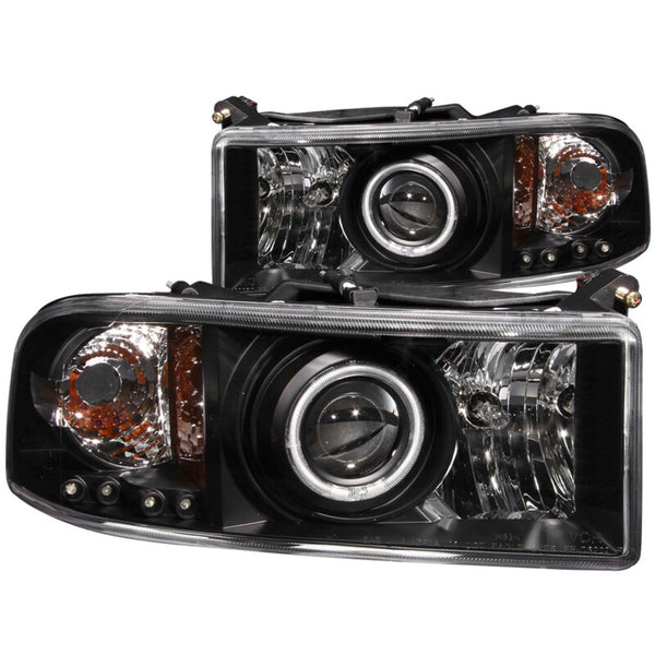 ANZO 1994-2001 Dodge Ram Projector Headlights w/ Halo Black - Bull Strap