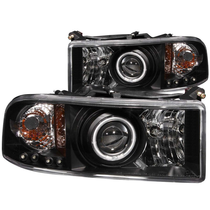 ANZO 1994-2001 Dodge Ram Projector Headlights w/ Halo Black - Bull Strap