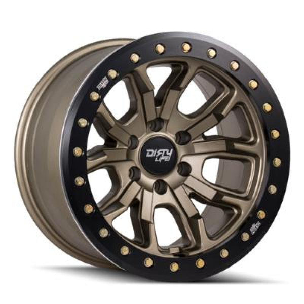 Dirty Life 9303 DT-1 17x9 / 5x127 BP / -12mm Offset / 78.1mm Hub Satin Gold Wheel - Sim. Beadlock - Bull Strap