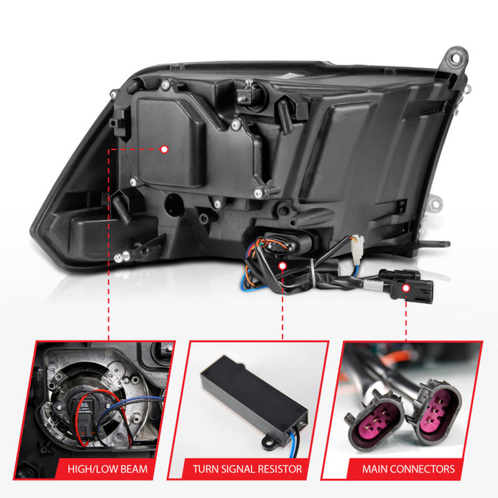 ANZO 2009-2018 Dodge Ram 1500 Projector Headlights Plank Style Halo w/Switchback Matte Black - Bull Strap