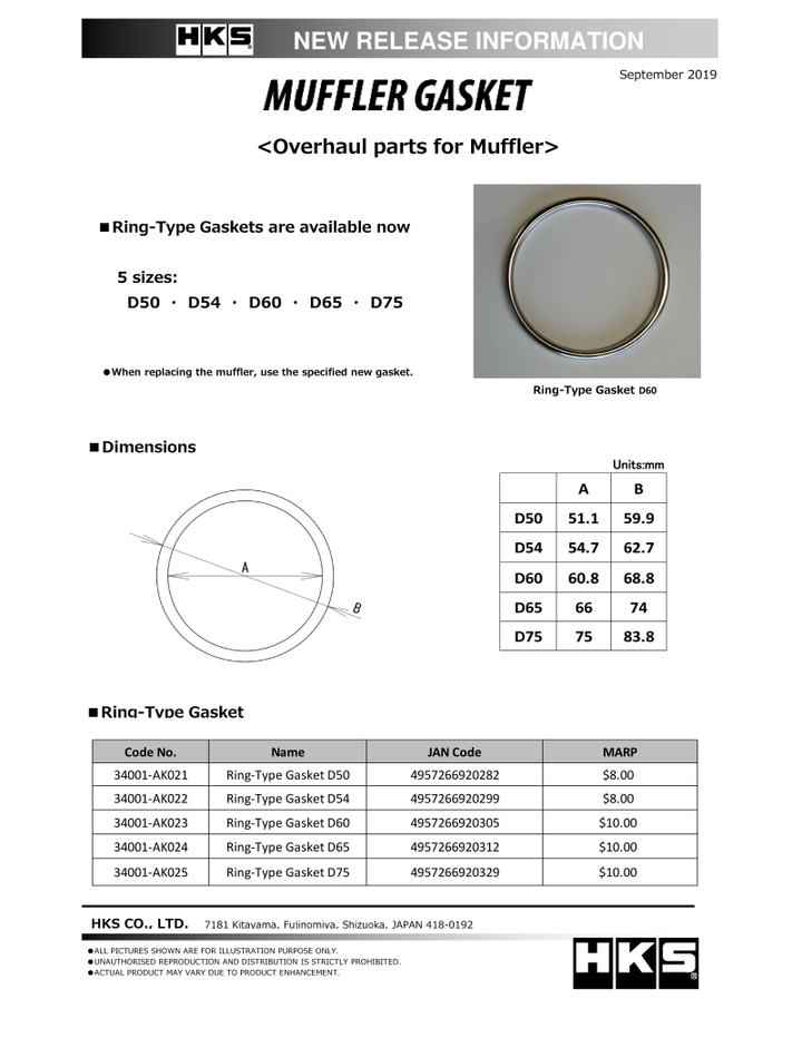 HKS Muffler Gasket 60.8mm ID 68.8mm OD - Bull Strap