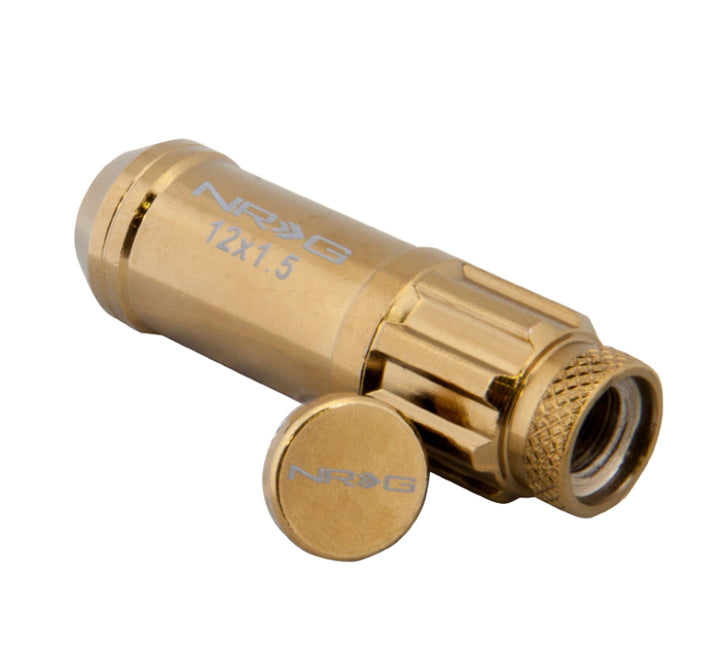 NRG 700 Series M12 X 1.5 Steel Lug Nut w/Dust Cap Cover Set 21 Pc w/Locks & Socket - Chrome Gold - Bull Strap