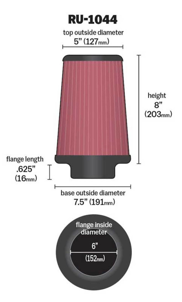 K&N Universal Clamp-On Air Filter 6in FLG / 7-1/2in B / 5in T / 8in H - Bull Strap
