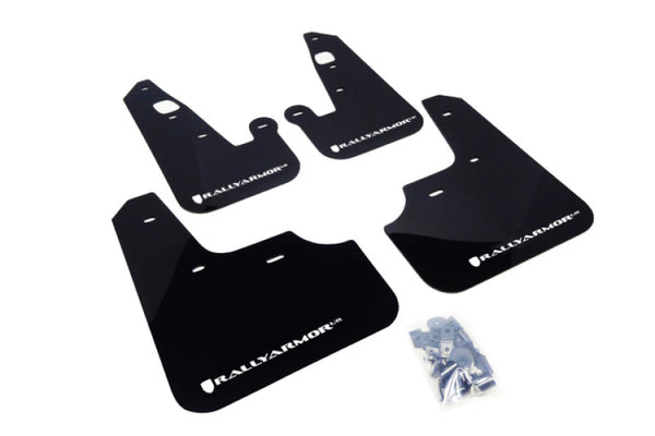 Rally Armor 07-17 Mitsubishi Lancer Black UR Mud Flap w/ White Logo - Bull Strap