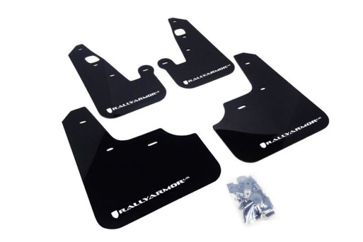 Rally Armor 07-17 Mitsubishi Lancer Black UR Mud Flap w/ White Logo - Bull Strap