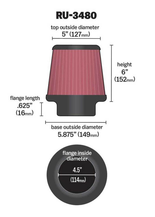 K&N Universal Rubber Filter 4 1/2 inch FLG / 5 7/8 inch Base / 5 inch Top / 6 inch Height - Bull Strap
