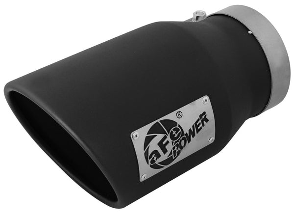 aFe MACHForce XP 5in 304 Stainless Steel Exhaust Tip 5 In x 7 Out x 12L in Bolt On Right - Black - Bull Strap