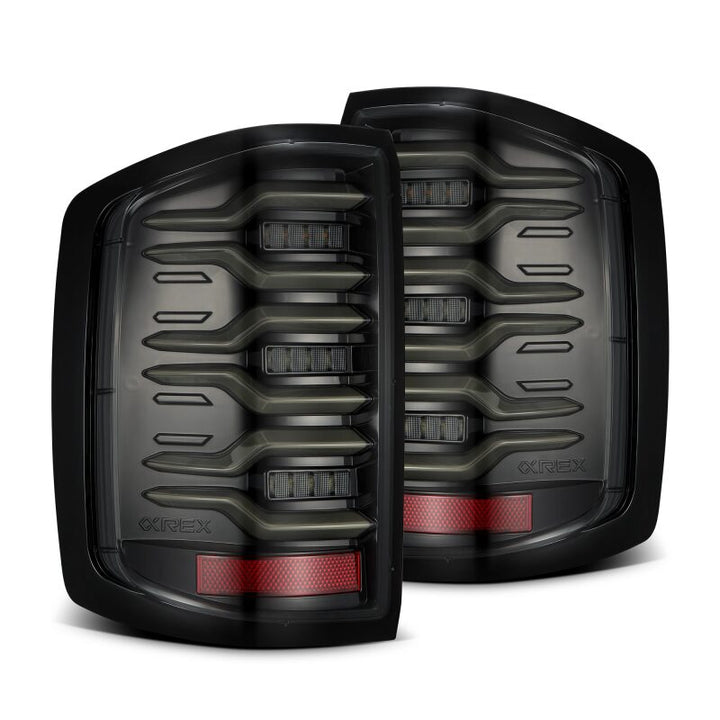 AlphaRex 14-18 Chevy Silverado 1500 Luxx-Series LED Tail Lights Alpha-Black w/Activ Light/Seq Signal - Bull Strap