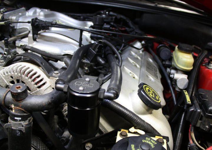 J&L 99-04 Ford Mustang SVT Cobra Driver Side Oil Separator 3.0 - Black Anodized - Bull Strap