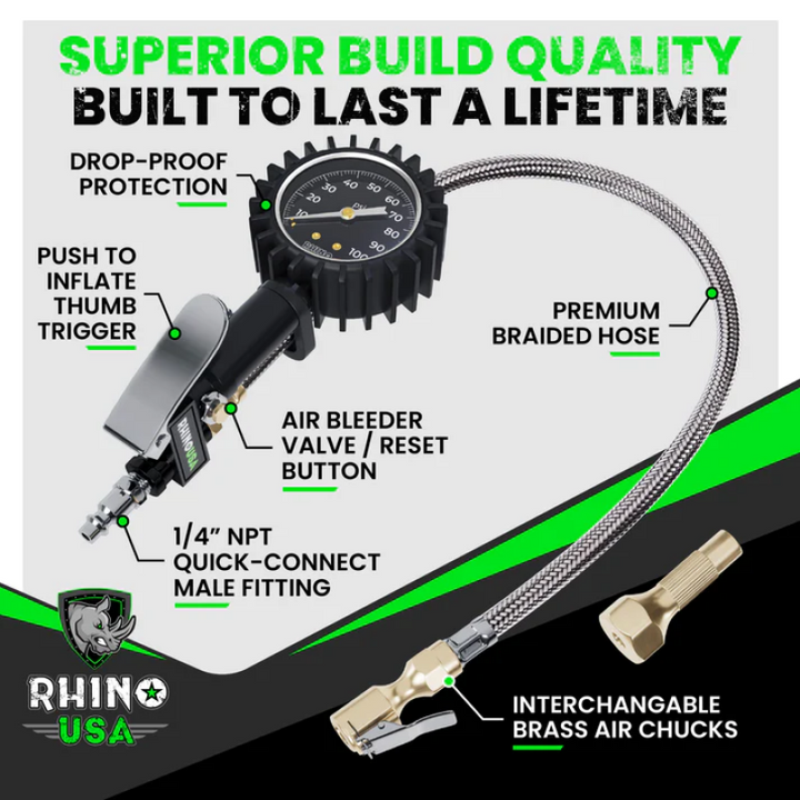 Rhino USA 100 Psi Analog Tire Inflator Gauge - Bull Strap