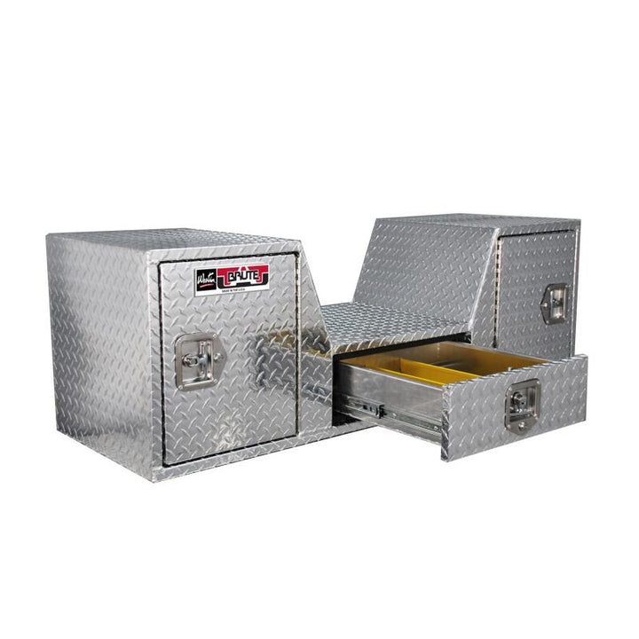 Westin/Brute V Shape Goose Neck 5th Wheel 57in Tailgate Box 1 Drawer/2 Swing Doors - Aluminum - Bull Strap