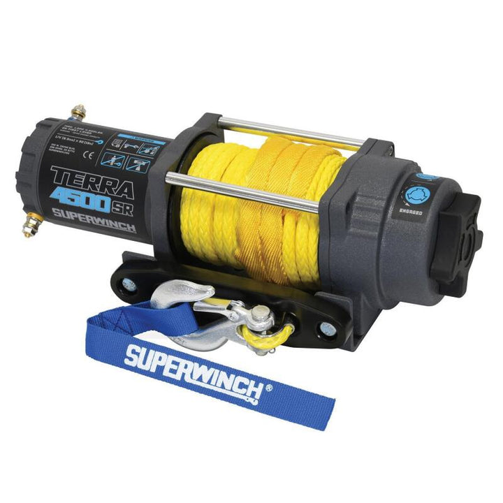 Superwinch 4500 LBS 12V DC 1/4in x 50ft Synthetic Rope Terra 4500SR Winch - Gray Wrinkle - Bull Strap