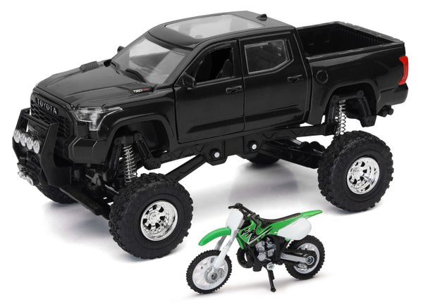 New Ray Toys Toyota Tundra Pro Lifted Truck Black with Kawasaki Dirt Bike 1:32 Scale - Bull Strap