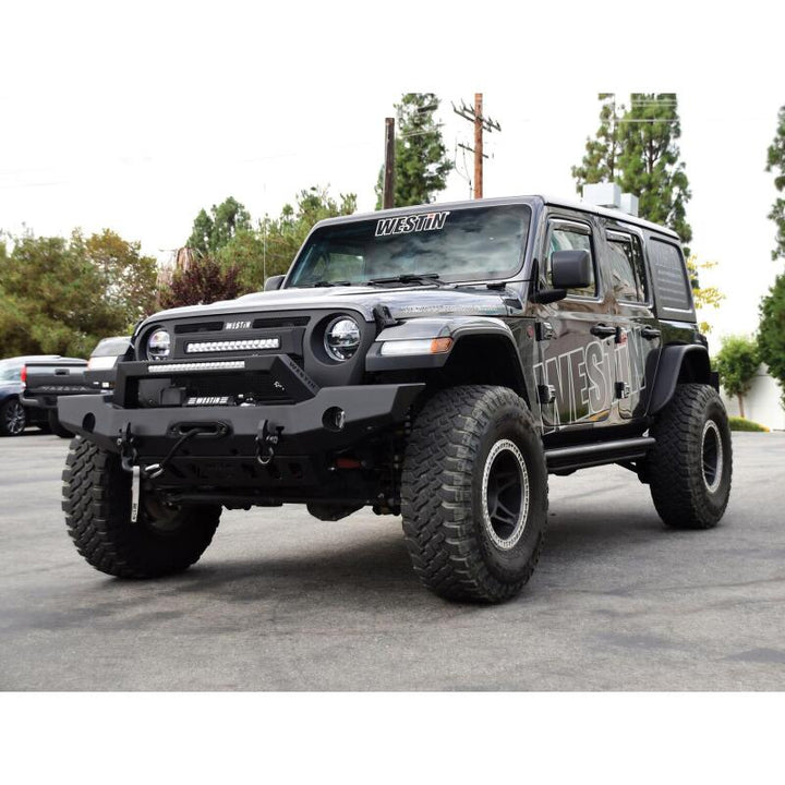 Westin 18-20 Jeep Wrangler WJ2 Full Width Front Bumper w/LED Light Bar Mount Textured Black - Bull Strap