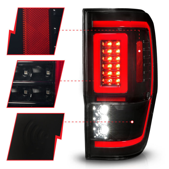 ANZO 19-22 Ford Ranger Full LED Taillights w/ Lightbar Sequential Signal Black Housing/Smoke Lens - Bull Strap