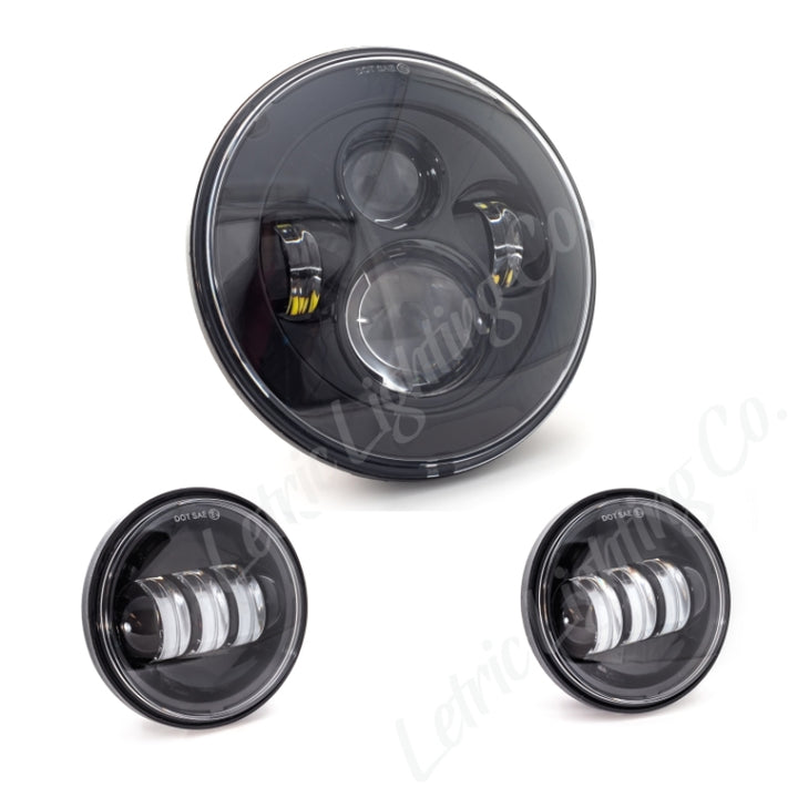 Letric Lighting 7? LED Black Premium Headlight with (2) 4.5? Black Passing Lamps - Bull Strap