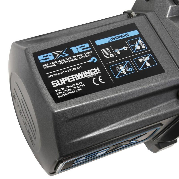 Superwinch 12000 LBS 12V DC 3/8in x 85ft Wire Rope SX 12000 Winch - Graphite - Bull Strap