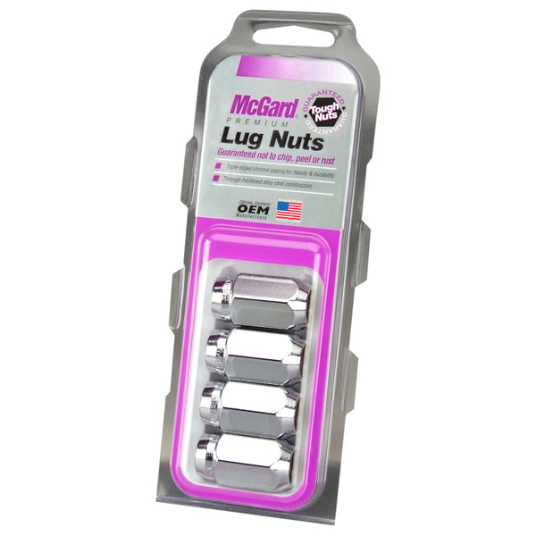 McGard Hex Lug Nut (Cone Seat) 1/2-20 / 13/16 Hex / 1.5in. Length (4-Pack) - Chrome - Bull Strap
