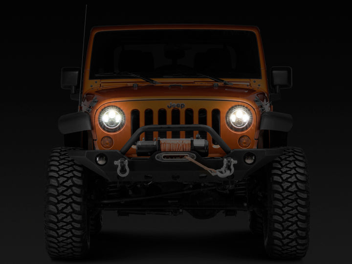 Raxiom 97-18 Jeep Wrangler TJ/JK Axial Halo Headlights w/ DRL Amber Signals- Blk Hsng (Clear Lens) - Bull Strap