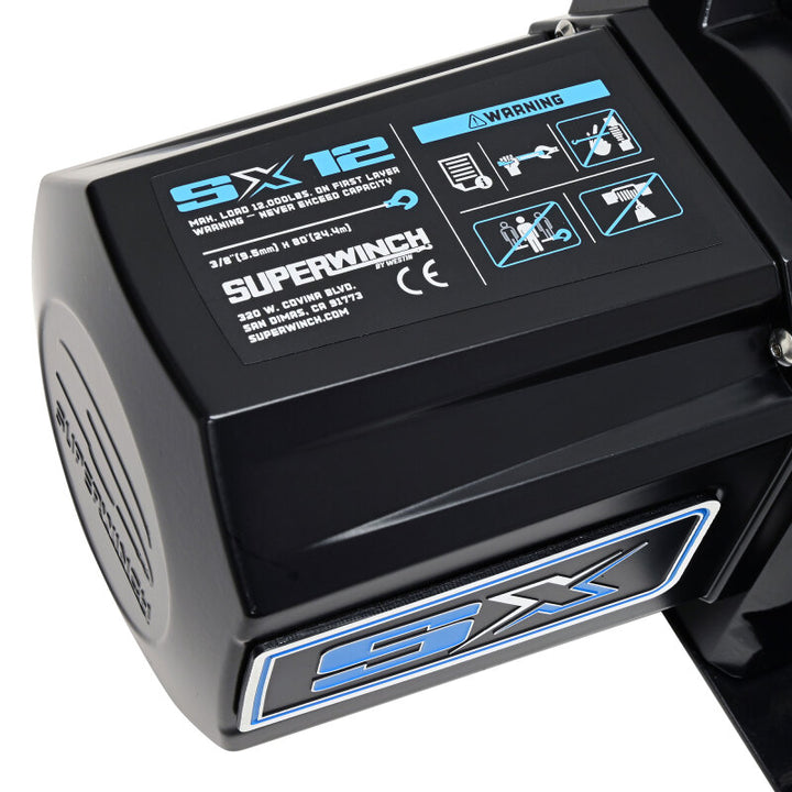 Superwinch 12000 LBS 12V DC 3/8in x 80ft Synthetic Rope SX12SR Winch - Semi Gloss Black - Bull Strap