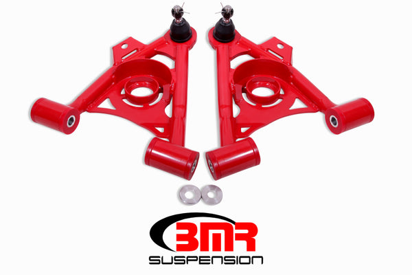 BMR 79-93 Fox Mustang Non-Adj Lower A-Arms Standard Ball Joint Spring Pocket - Red - Bull Strap