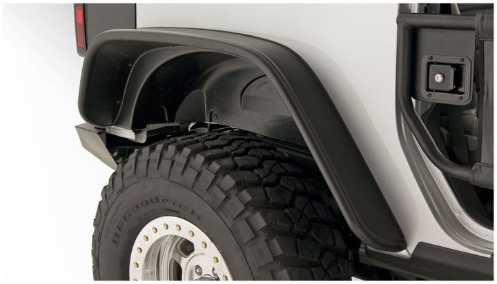 Bushwacker 07-18 Jeep Wrangler Flat Style Flares 4pc Fits 2-Door Sport Utility Only - Black - Bull Strap