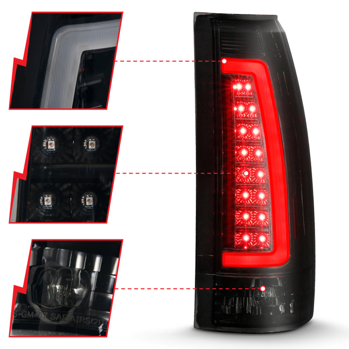 ANZO 1999-2000 Cadillac Escalade LED Taillights Black Housing Smoke Lens Pair - Bull Strap