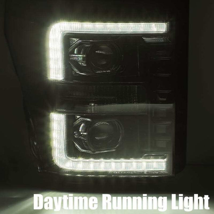 AlphaRex 11-16 Ford F-350 SD LUXX LED Proj Headlights Plank Style Black w/Activ Light/Seq Signal - Bull Strap