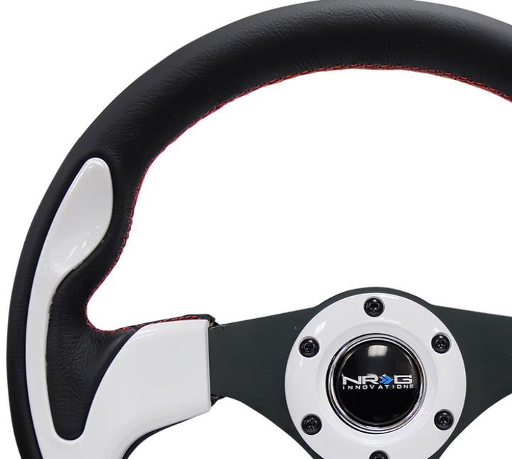 NRG Reinforced Steering Wheel (320mm) Blk w/White Trim & 4mm 3-Spoke - Bull Strap