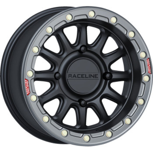 Raceline A14BG Alpha 15x7in/4x137 BP/10mm Offset/110.18mm Bore- Black & Gunmetal Ring Beadlock Wheel - Bull Strap