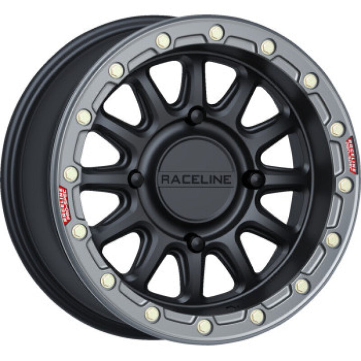 Raceline A14BG Alpha 15x7in/4x137 BP/10mm Offset/110.18mm Bore- Black & Gunmetal Ring Beadlock Wheel - Bull Strap