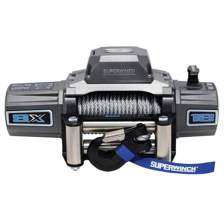 Superwinch 12000 LBS 12V DC 3/8in x 85ft Wire Rope SX 12000 Winch - Graphite - Bull Strap