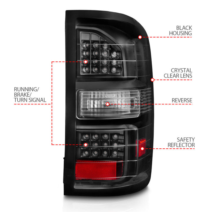 ANZO 2014-2018 GMC Sierra LED Tail Lights Black Housing Clear Lens - Bull Strap
