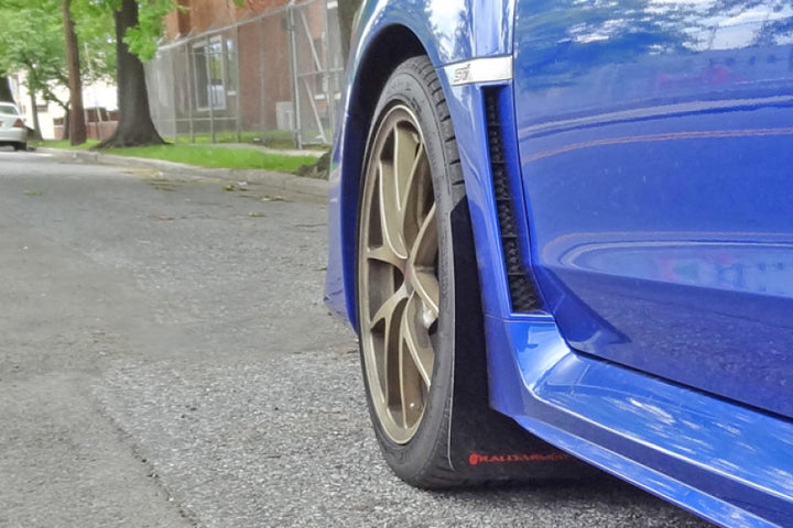 Rally Armor 15-21 Subaru WRX/STI Black UR Mud Flap w/White Logo - Bull Strap