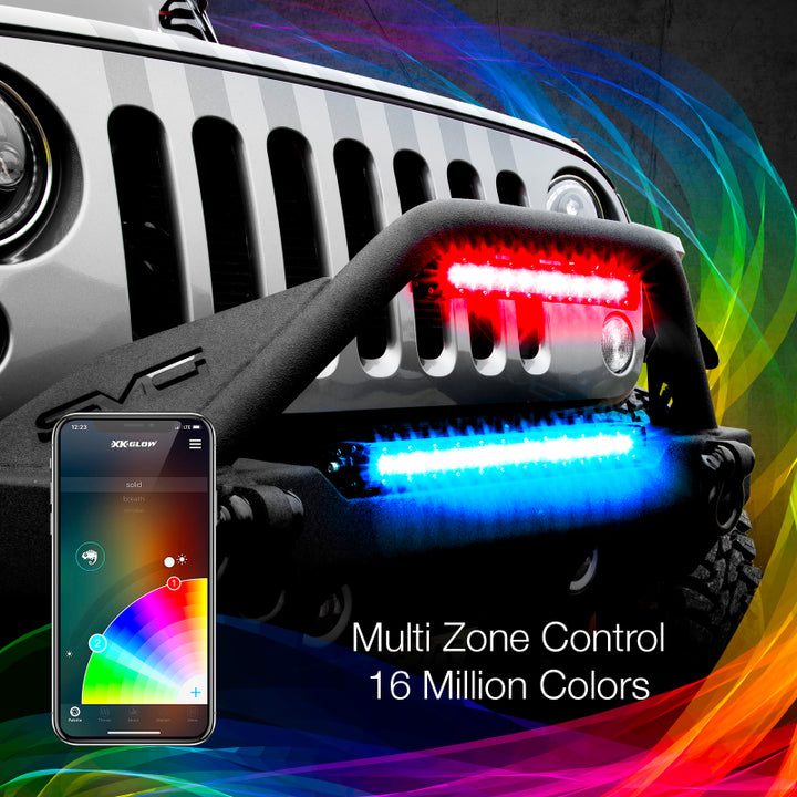 XK Glow RGBW Light Bar High Power Offroad Work/Hunting Light w/ Bluetooth Controller 14In - Bull Strap