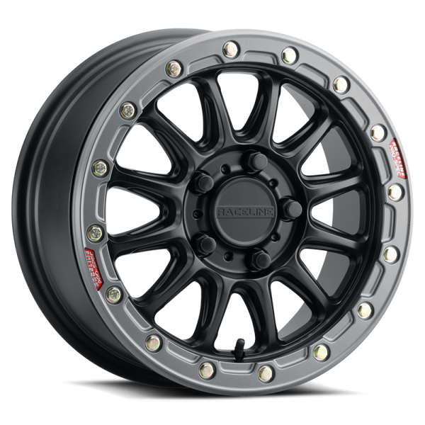 Raceline A14BG Alpha 15x10in/5x114.3 BP/25mm Offset/68mm Bore - Black & Gunmetal Ring Beadlock Wheel - Bull Strap
